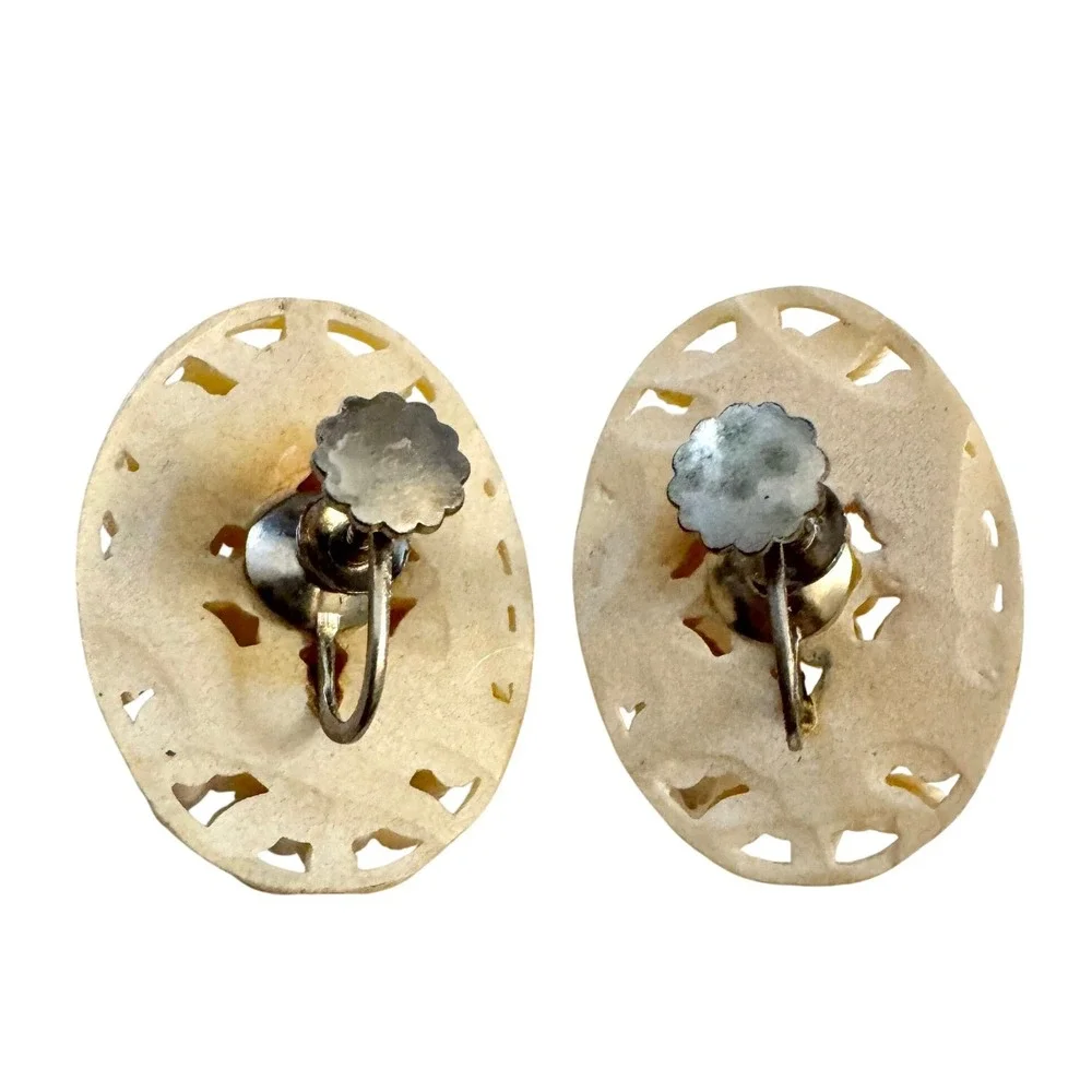 Vintage‎ Cream Celluloid Carved Roses Statement Earrings Oval Cottage Feminine
